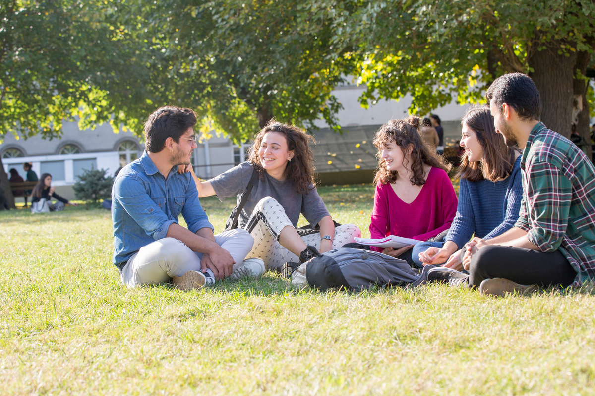 students sitting on lawn