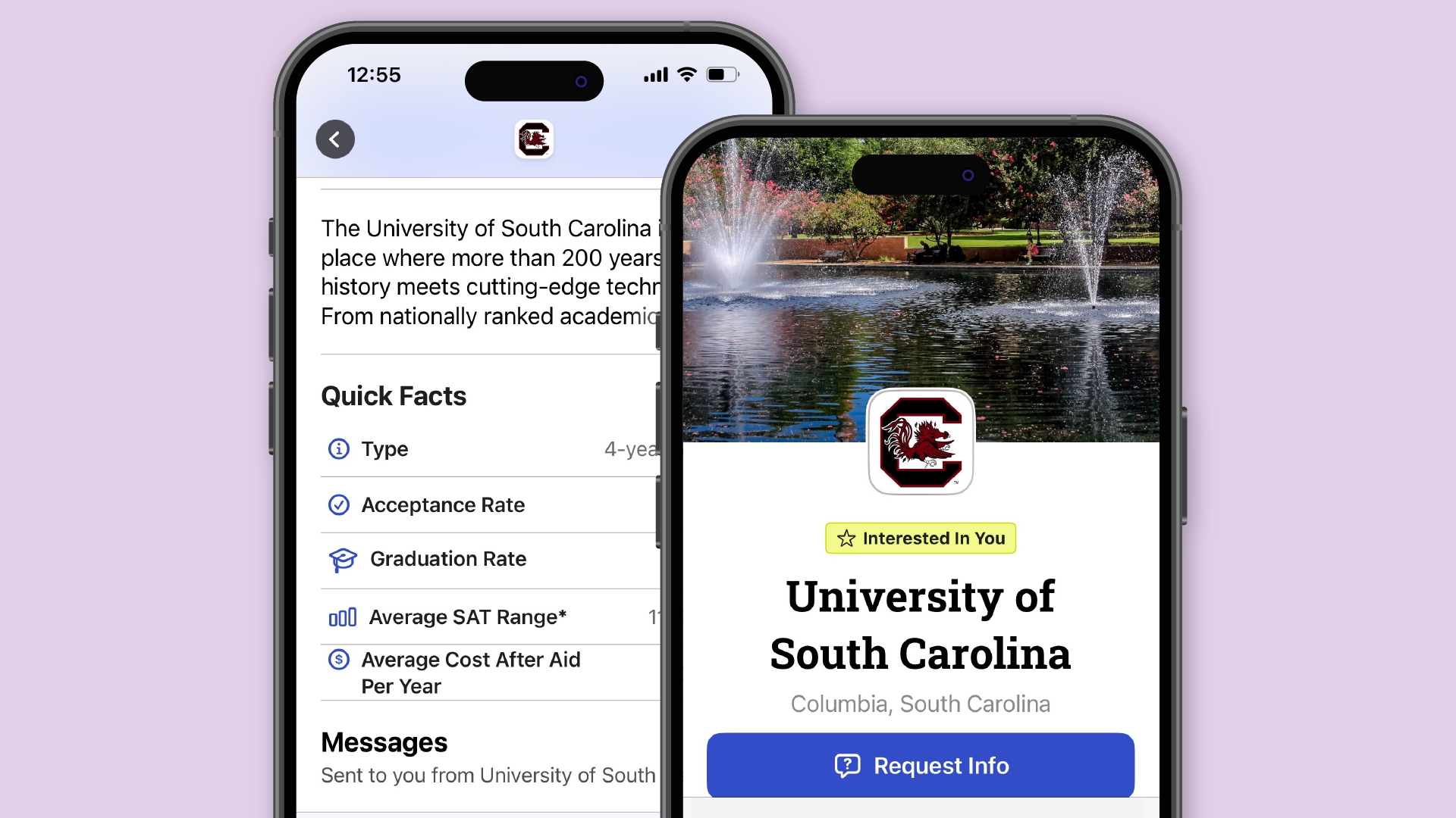 Phone showing school selection - University of South Carolina